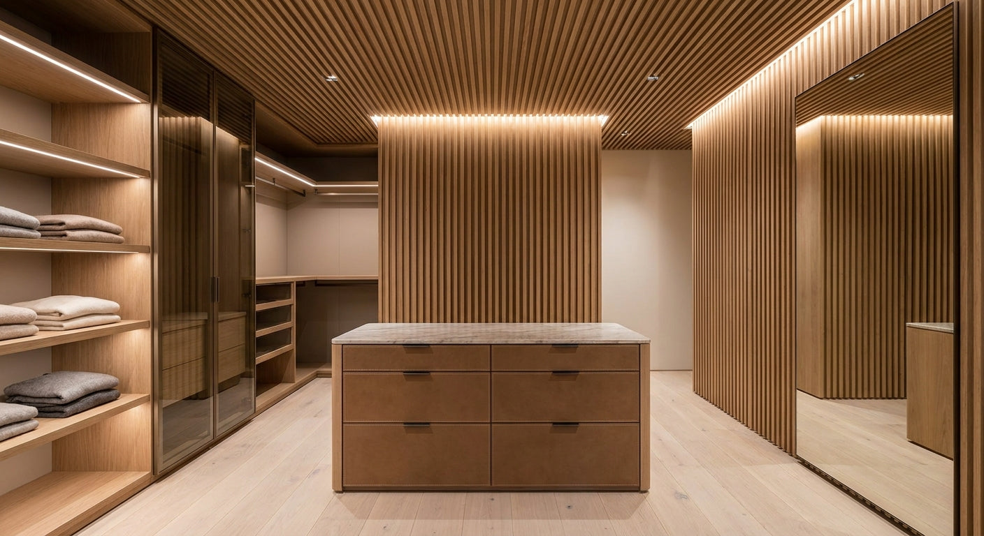 Slat wall panels for walk-in closet ceiling and wall design