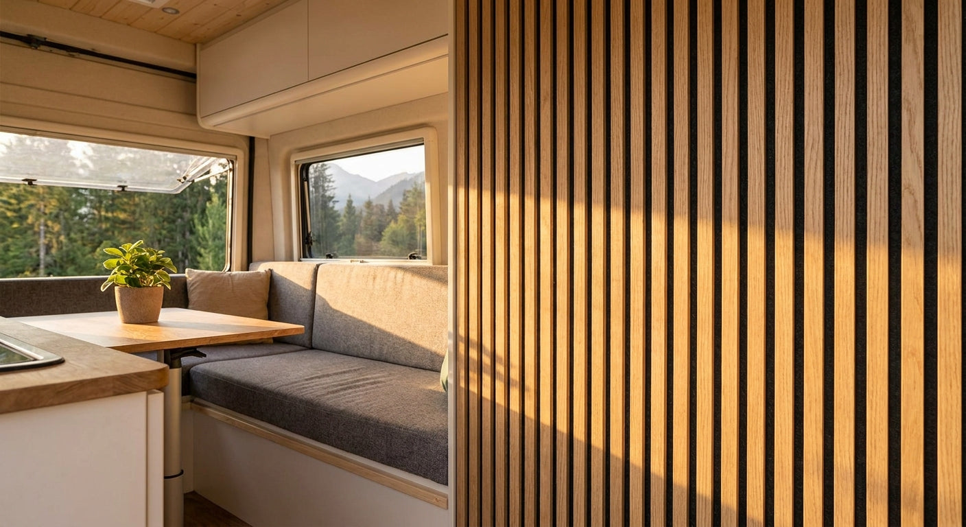 Wood slat panels for RV and camper van interior walls