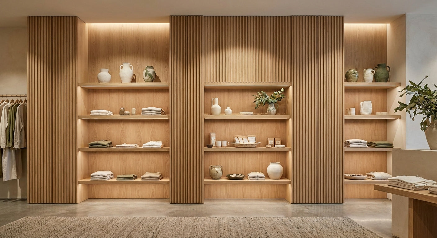 Natural oak fluted panels for boutique retail interiors