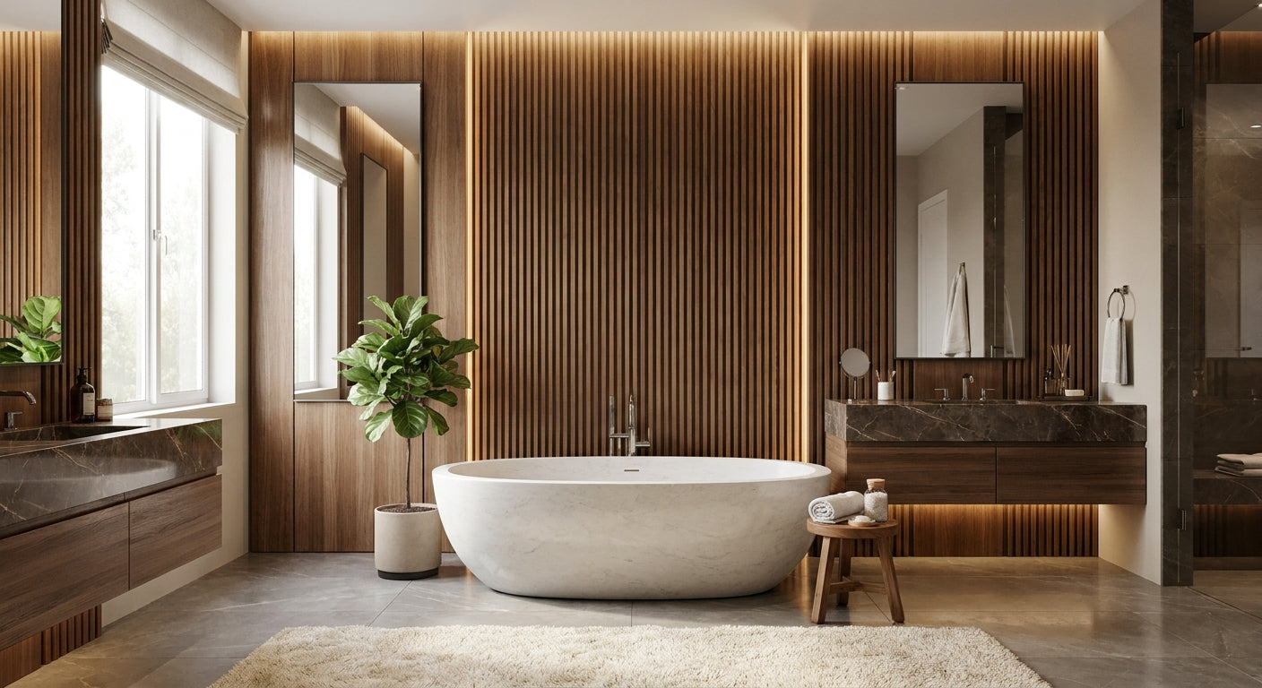 Best wood slat panels for luxury master bathroom walls