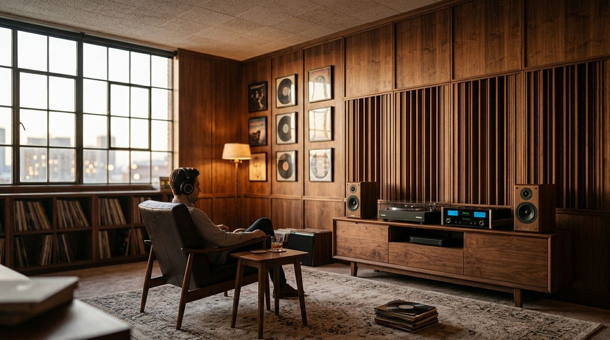 Wood panels for music label private listening lounge interiors