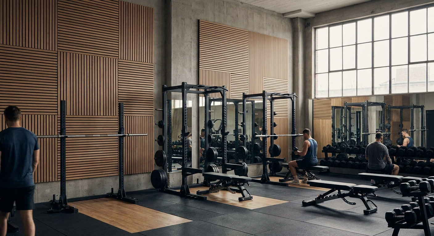 Acoustic wood panels for commercial gym noise control