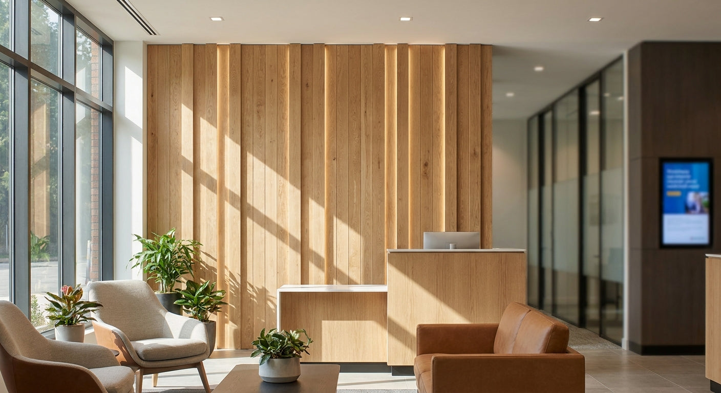 Wood panel feature walls for bank branch interiors