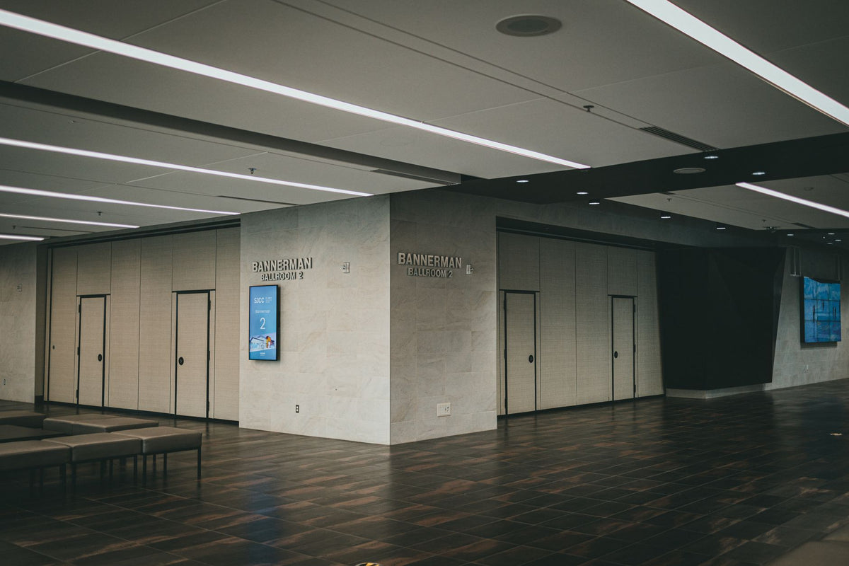 Modern minimalist interior of Bannerman ballrooms with sleek design and contemporary decor.
