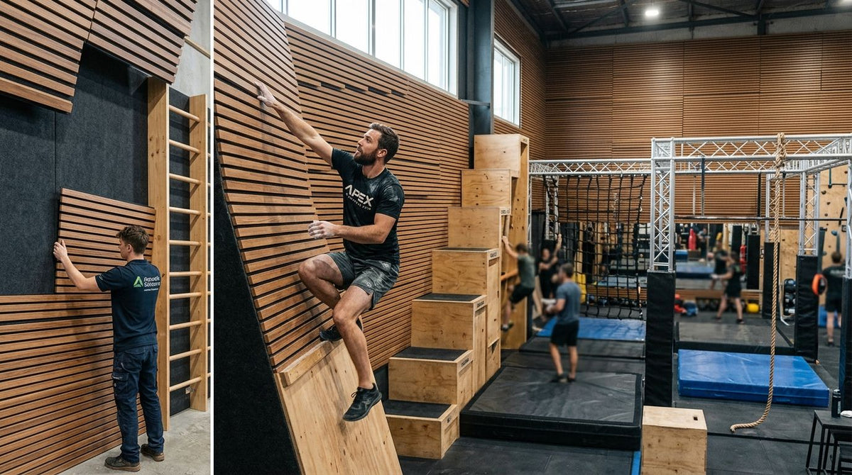 Acoustic wood panels for ninja warrior and obstacle course gyms