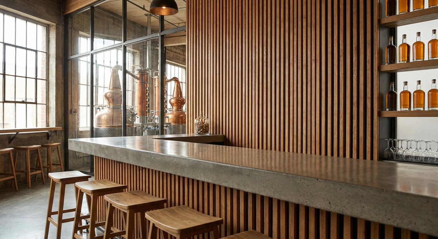 Wood slat panels for craft distillery tasting room walls