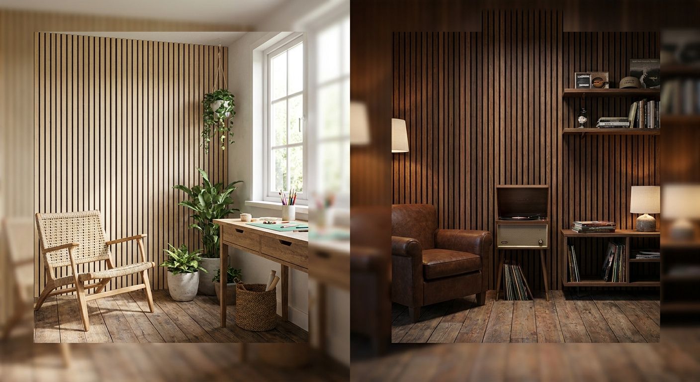 Wood slat panels for she-shed and man-cave interiors
