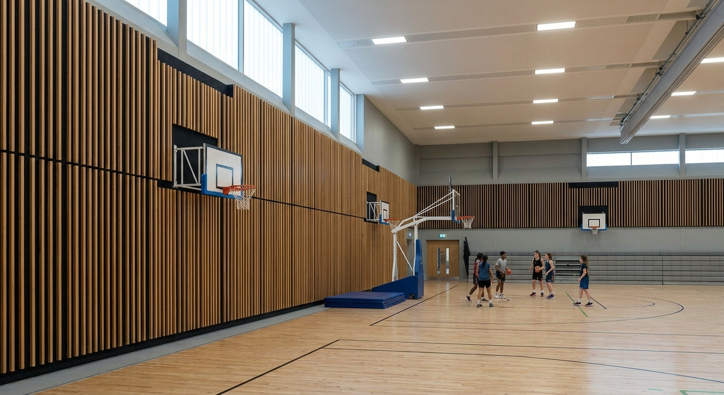 Acoustic slat panels for noise reduction in sports halls