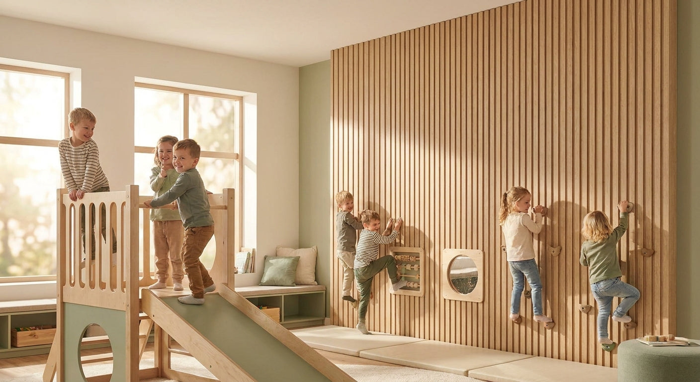 Wood slat panels for indoor playground wall cladding
