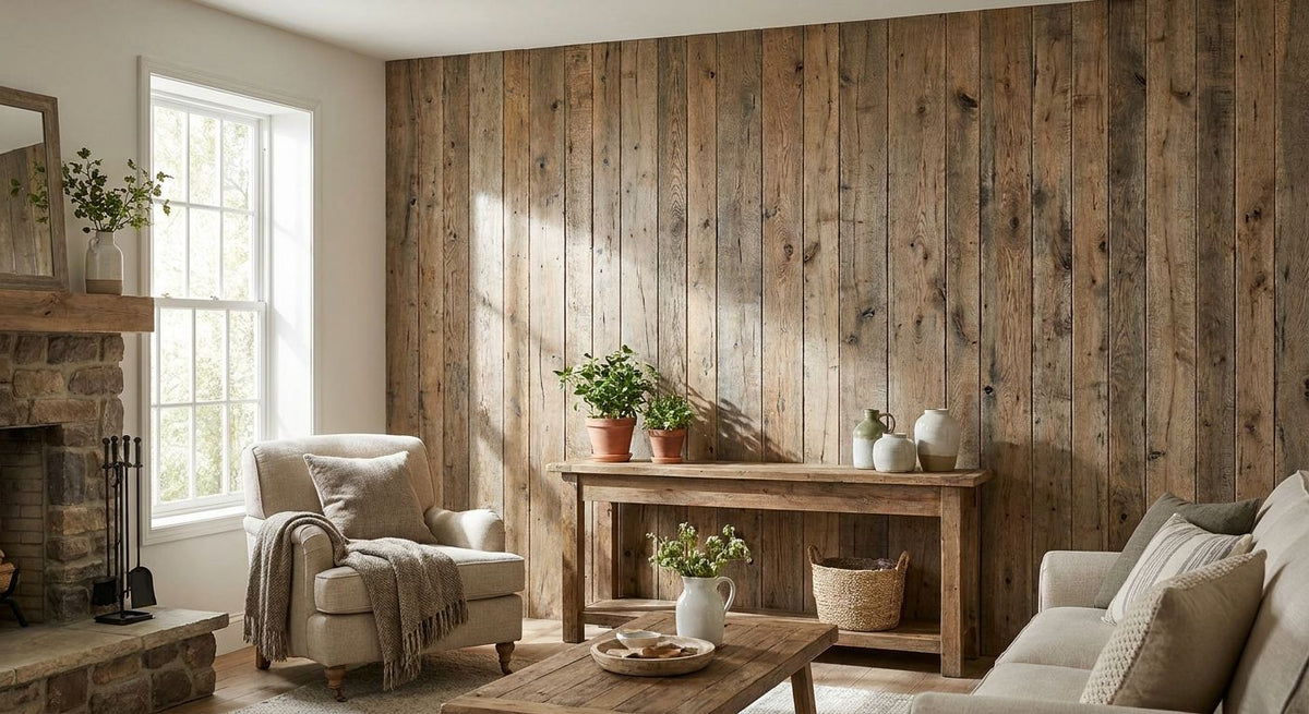 Rustic oak slat panels for farmhouse interior walls