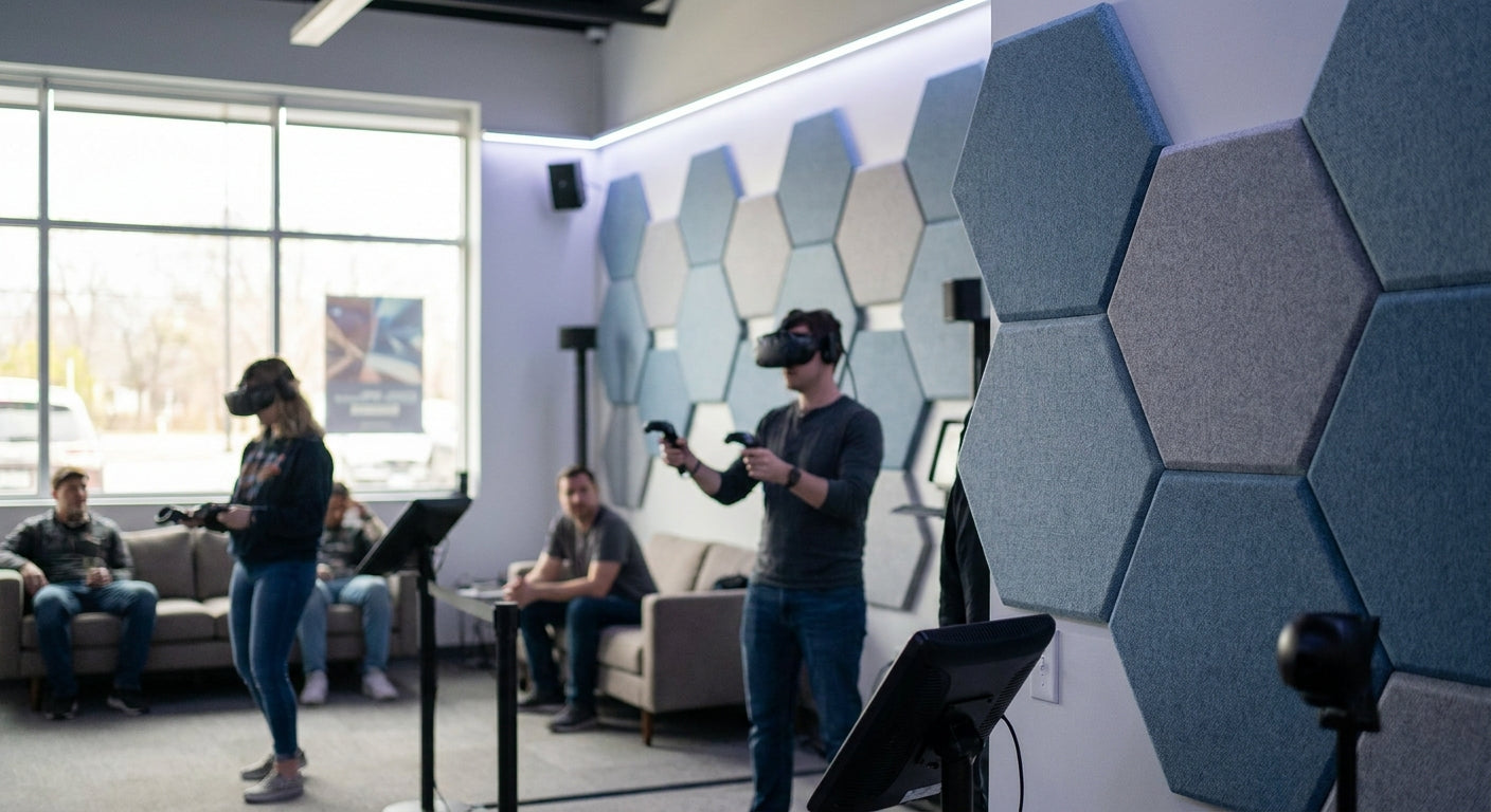 Acoustic panels for indoor virtual reality arcade walls