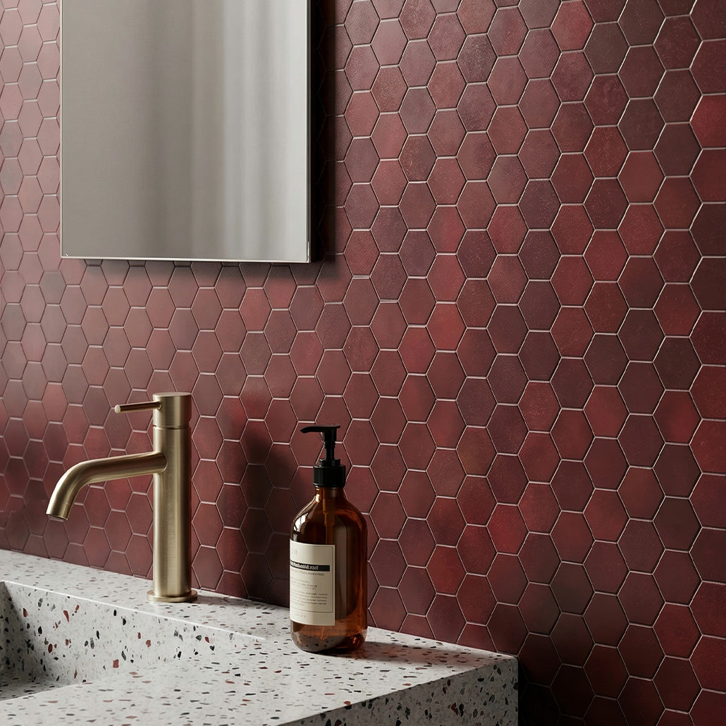 Peel and Stick Mosaic Tile | Hexagon Burgundy | 11.5×11.34 in | Metal