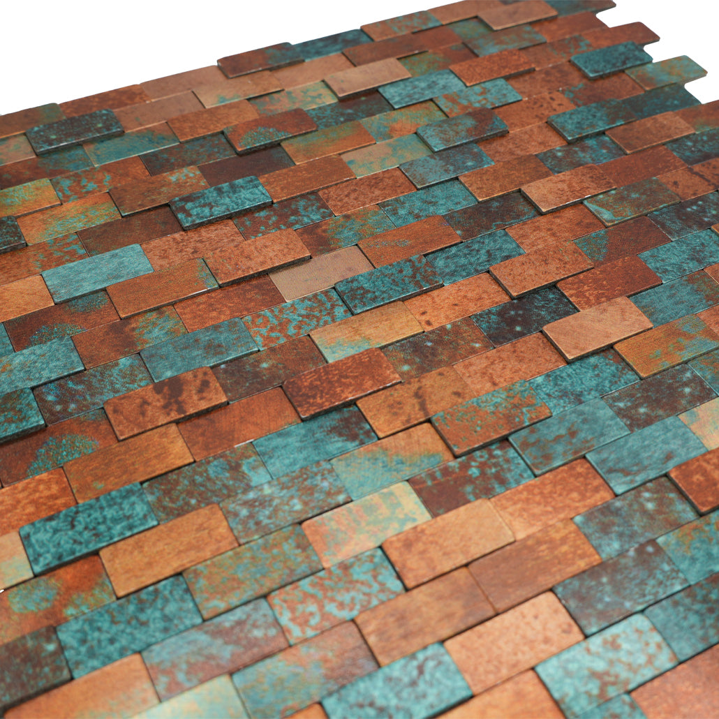 Peel and Stick Mosaic Tile | Brick 3D Patina Copper | 11.73×11.81 in | Metal