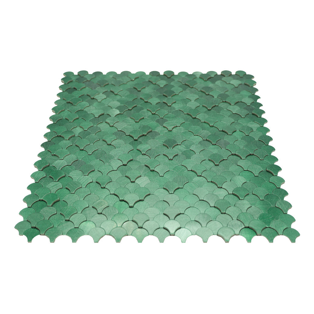 Peel and Stick Mosaic Tile | Fish Scale 3D Dark Green | 11.73×11.34 in | Metal