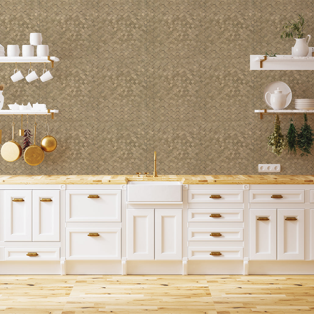 Peel and Stick Backsplash | Fish Scale 3D Gold | 11.73×11.34"