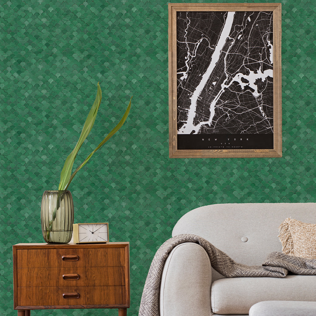 Peel and Stick Backsplash | Fish Scale 3D Dark Green | 11.73×11.34"