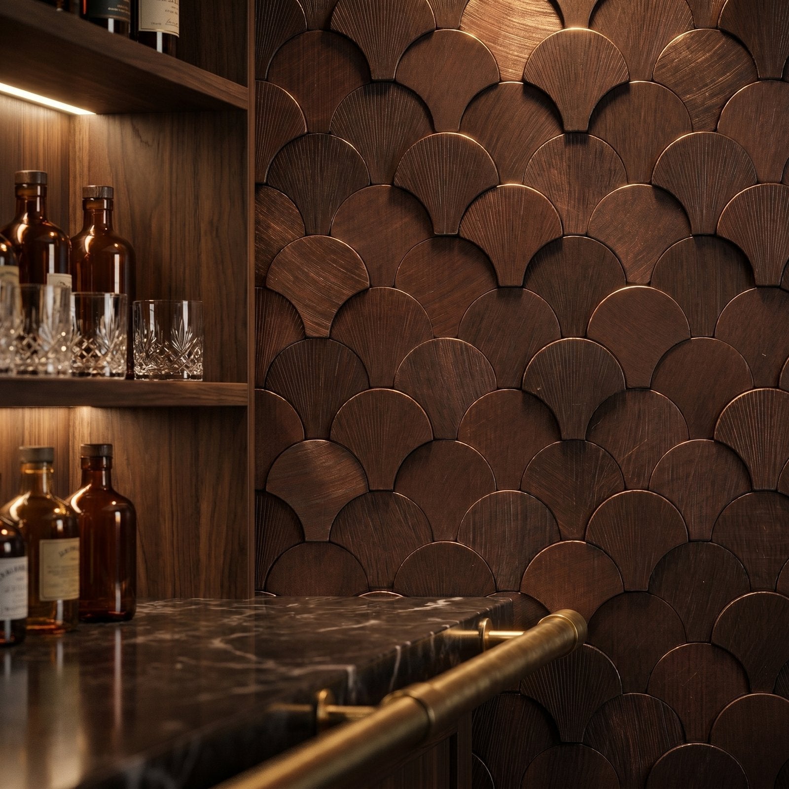 Peel and Stick Backsplash | Fish Scale 3D Dark Copper | 11.73×11.34"