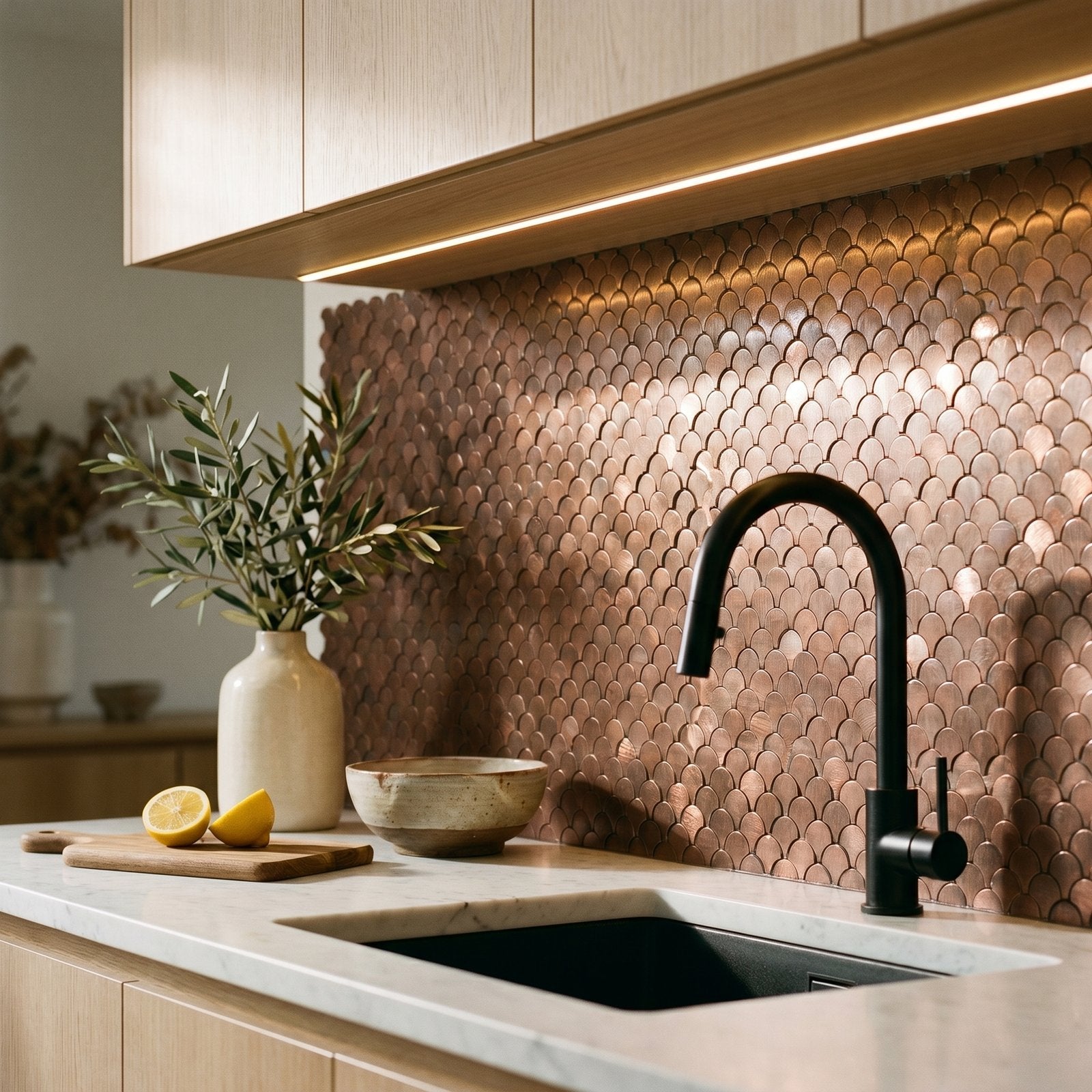 Peel and Stick Backsplash | Fish Scale 3D Dark Copper | 11.73×11.34"