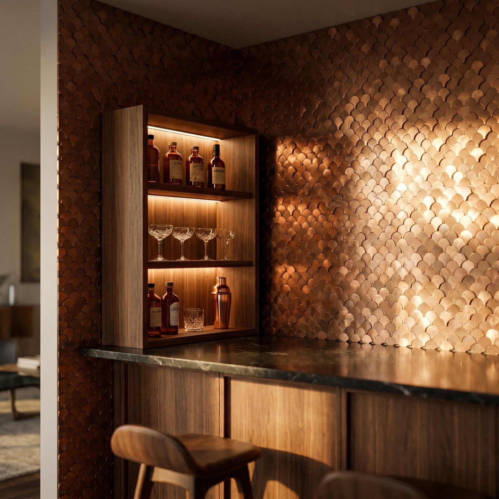 Peel and Stick Backsplash | Fish Scale 3D Copper | 11.73×11.34"