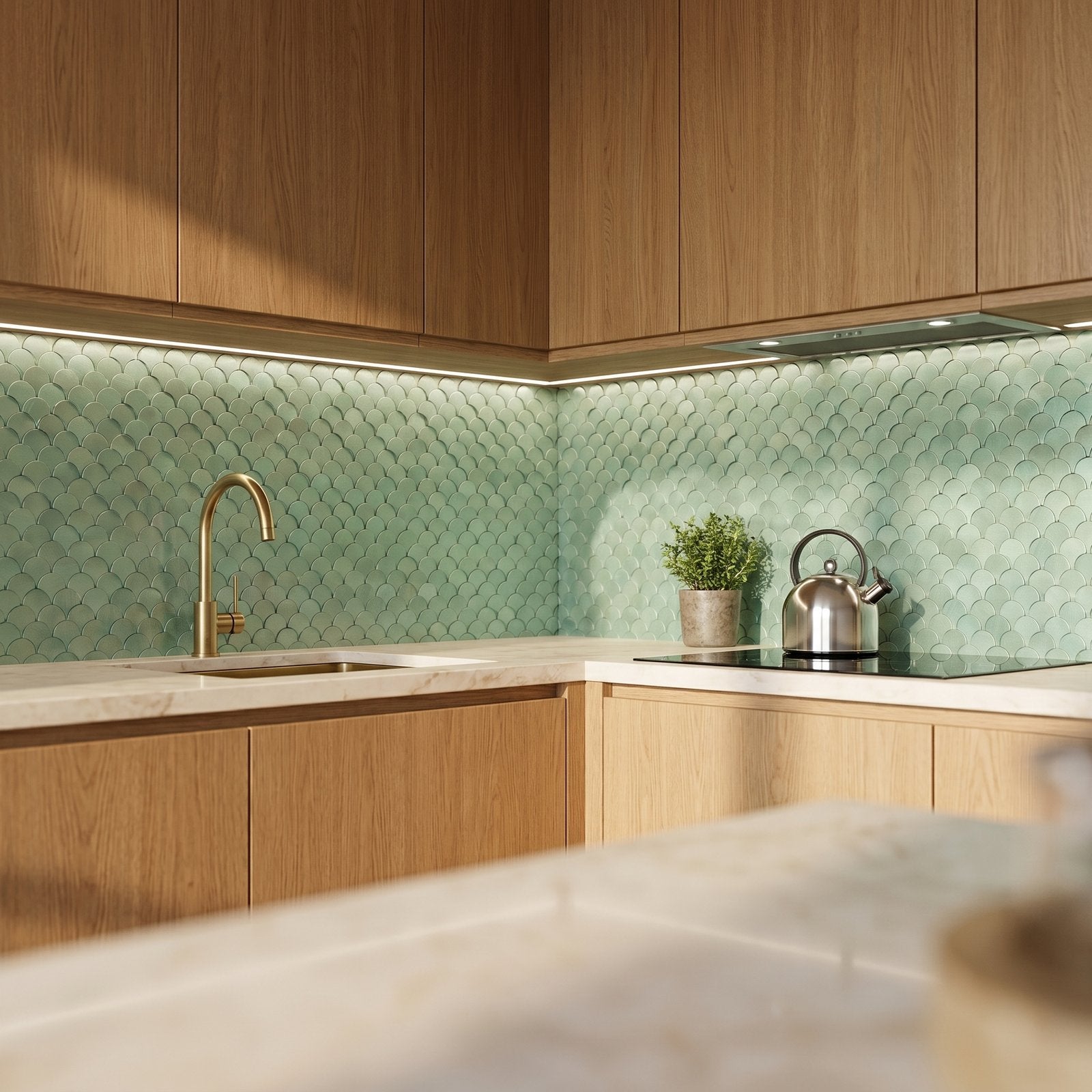 Peel and Stick Backsplash | Fish Scale 3D Pastel Green | 11.73×11.34"