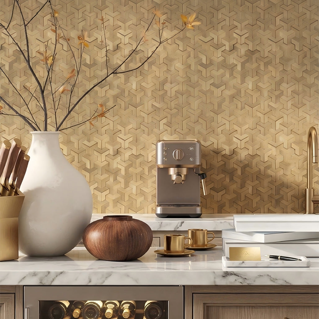 Peel and Stick Mosaic Tile | Trifold 3D Gold | 11.02×11.93 in | Metal