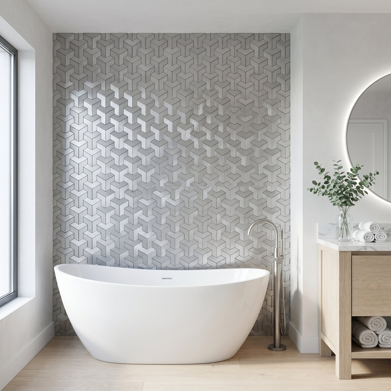 Peel and Stick Backsplash | Trifold 3D Silver | 11.02×11.93"