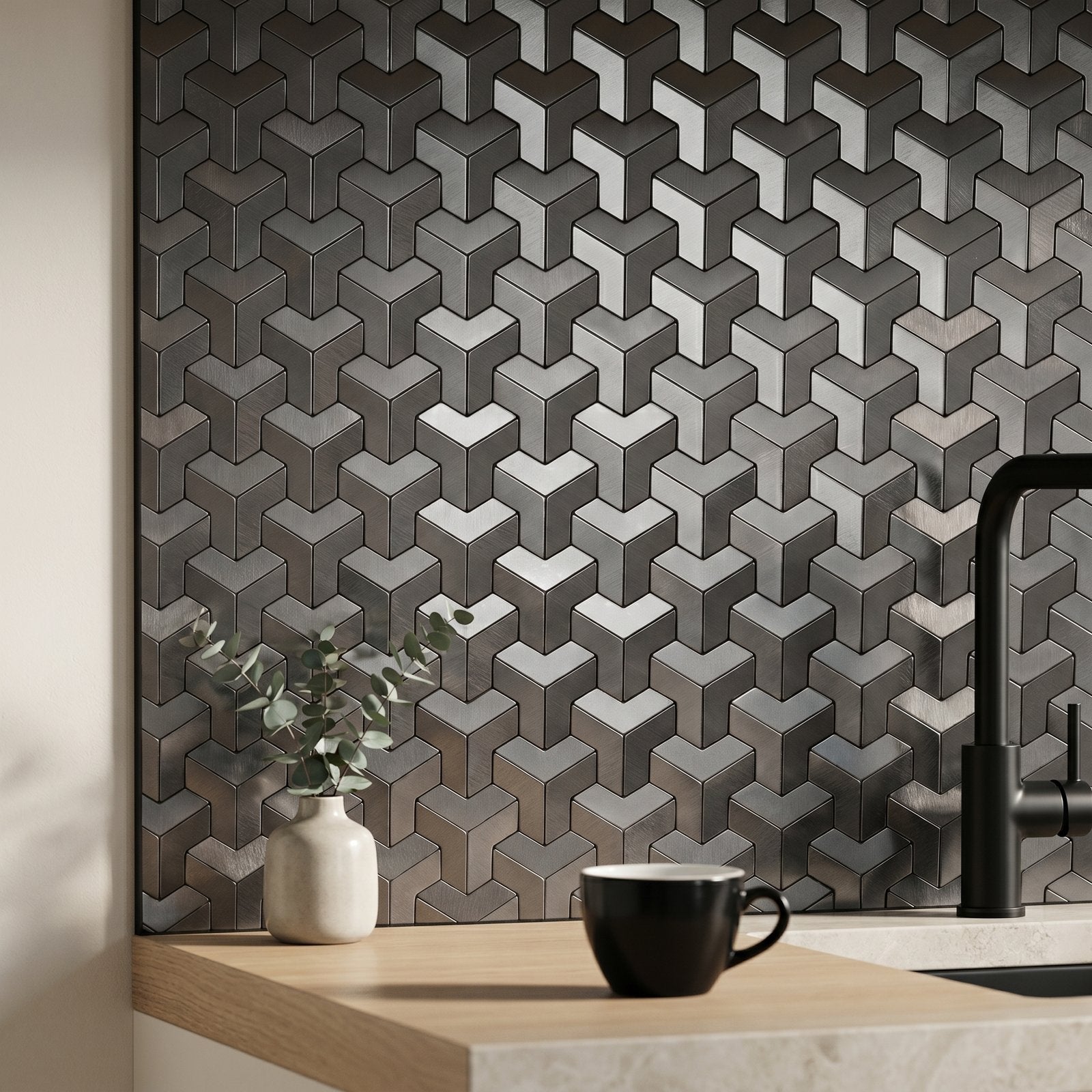Peel and Stick Backsplash | Trifold 3D Anthracite | 11.02×11.93"