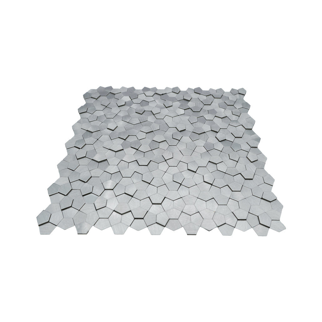 Peel and Stick Mosaic Tile | Pentagon 3D Silver | 11.1×11.1 in | Metal