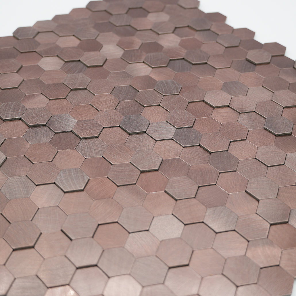 Peel and Stick Mosaic Tile | Mini Hexagon 3D Dark Copper | 11.73×12.09 in | Metal