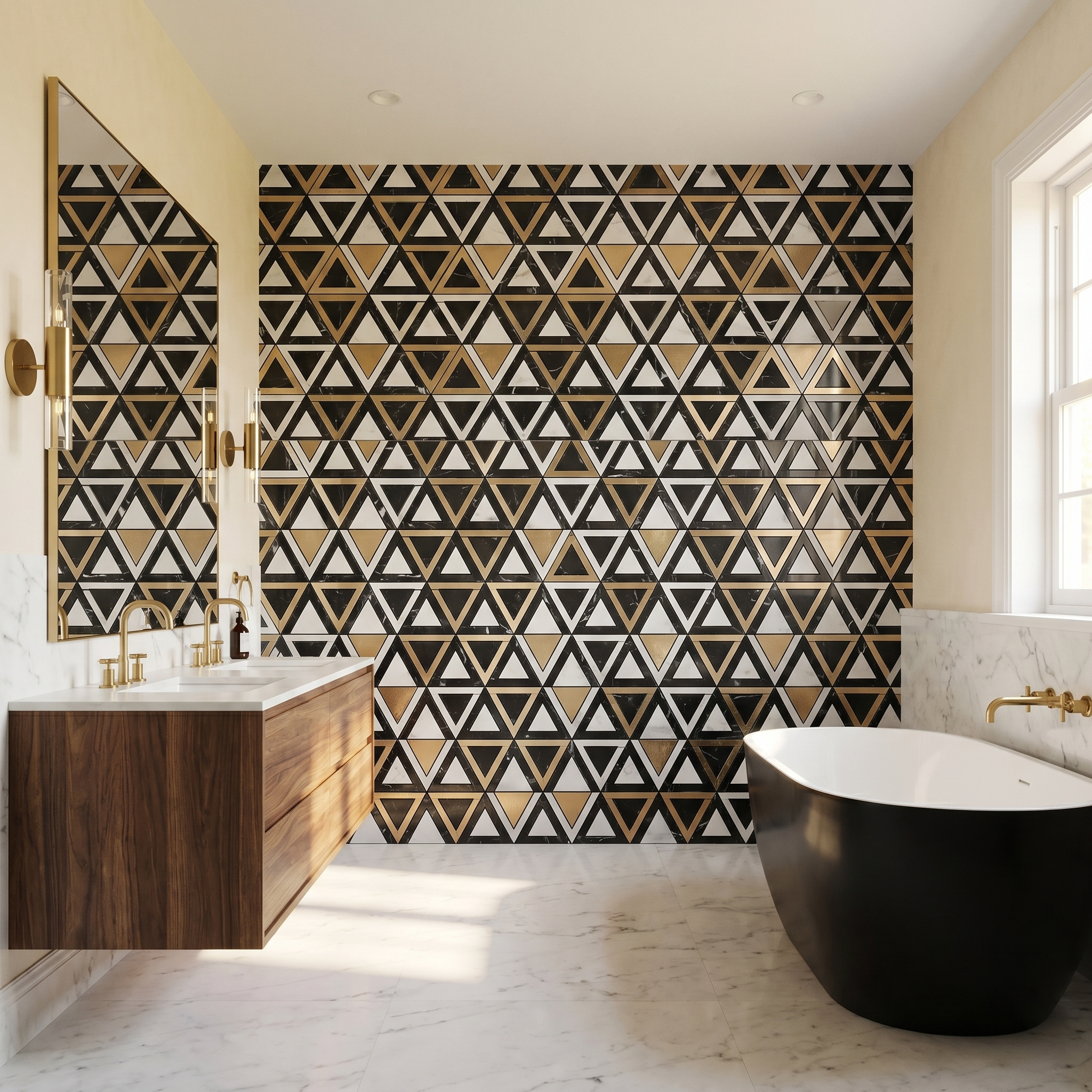 Peel and Stick Backsplash | Triangle Black White-Gold | 11.3×13.03"