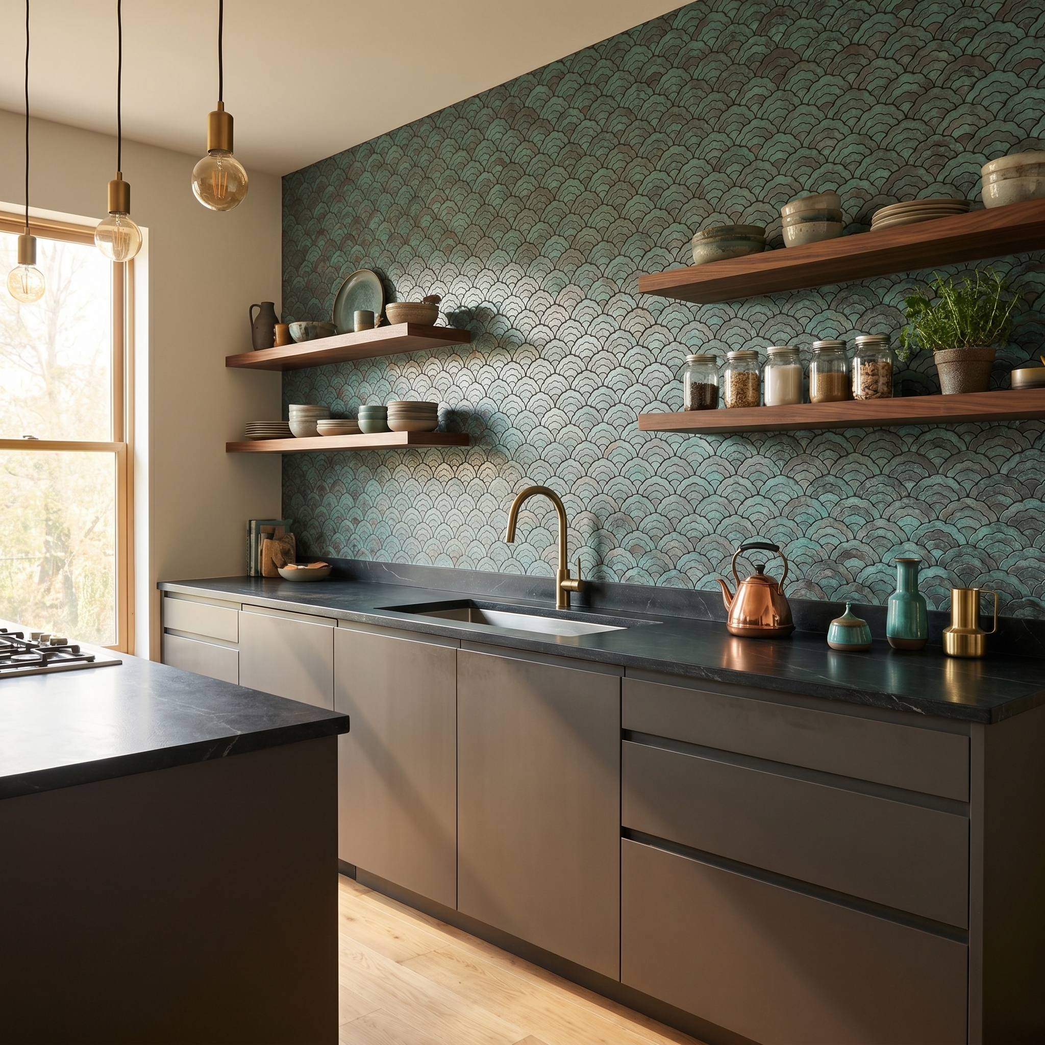 Peel and Stick Backsplash | Fan Patina Copper | 10.55×11.06"