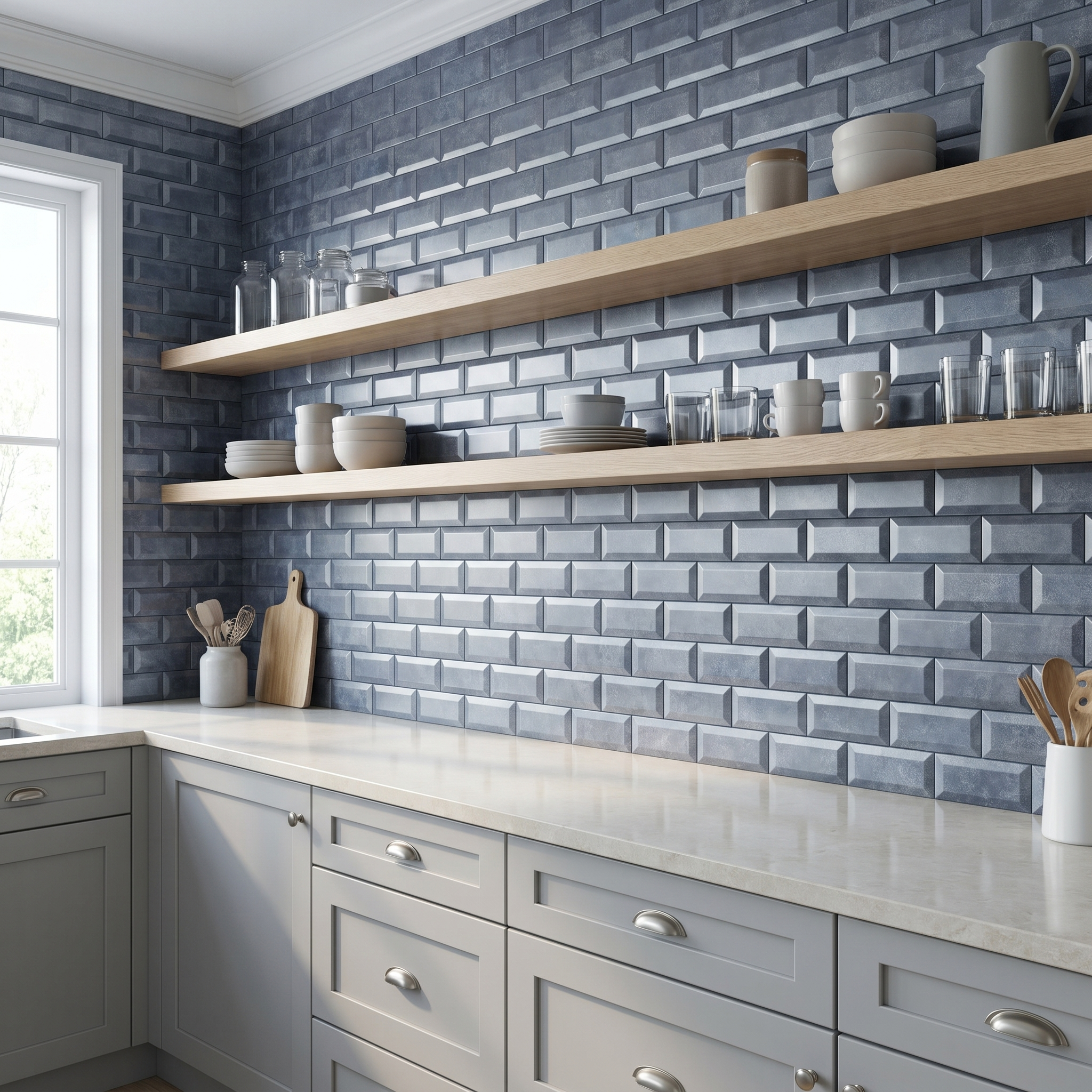 Peel and Stick Backsplash | Subway 3D Blue-Gray | 12.01×12.01"