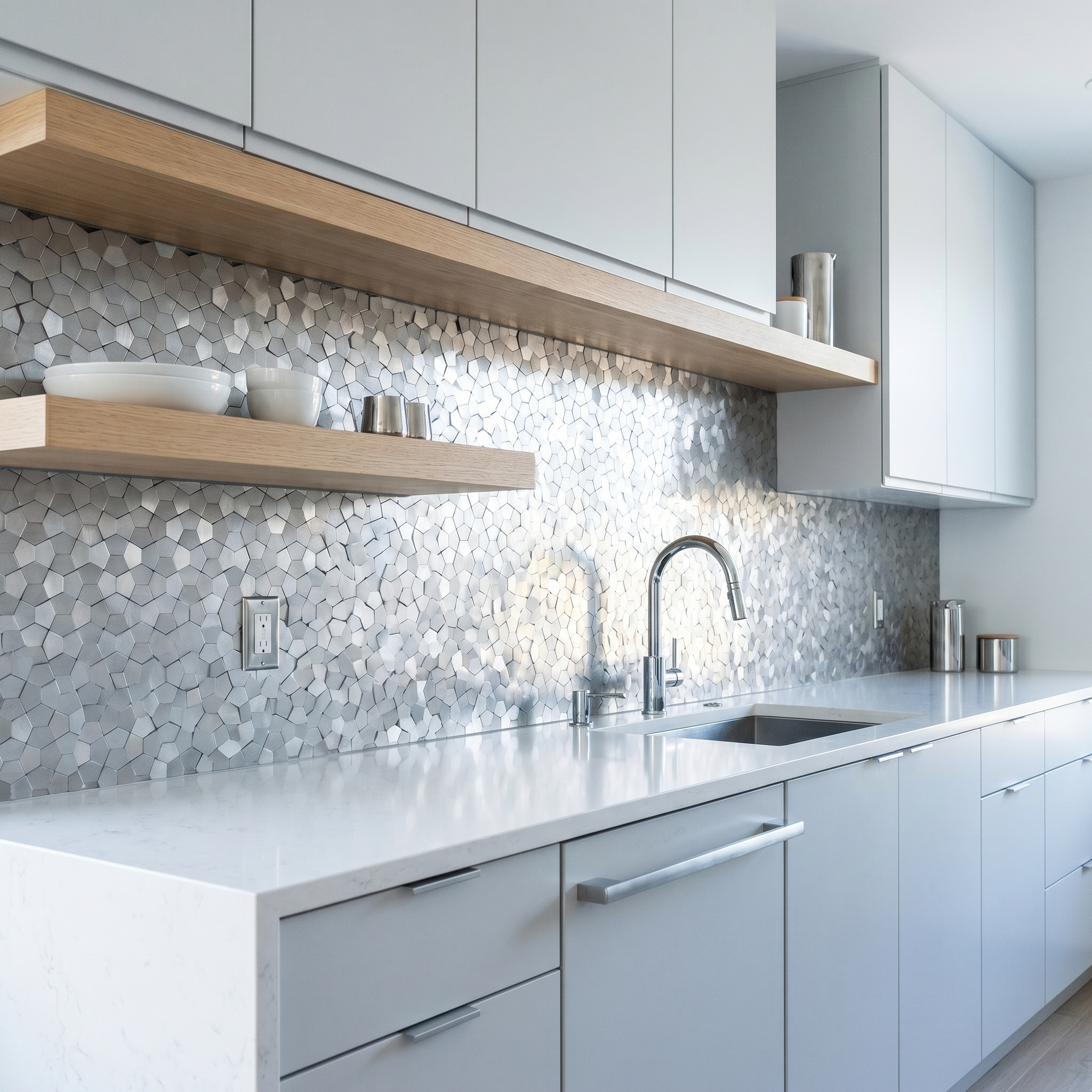 Peel and Stick Backsplash | Pentagon 3D Silver | 11.1×11.1"