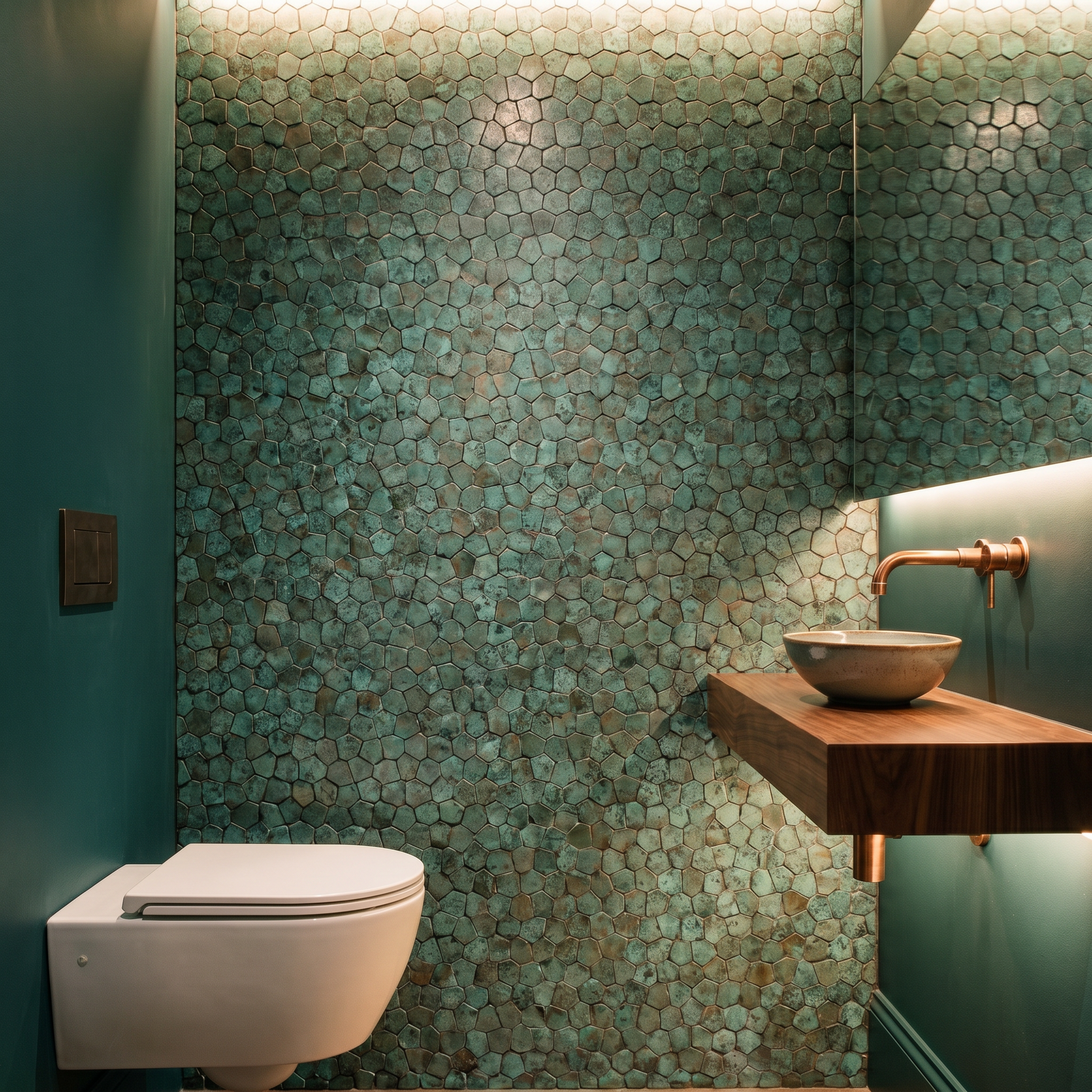 Peel and Stick Backsplash | Pentagon 3D Patina Copper | 11.1×11.1"