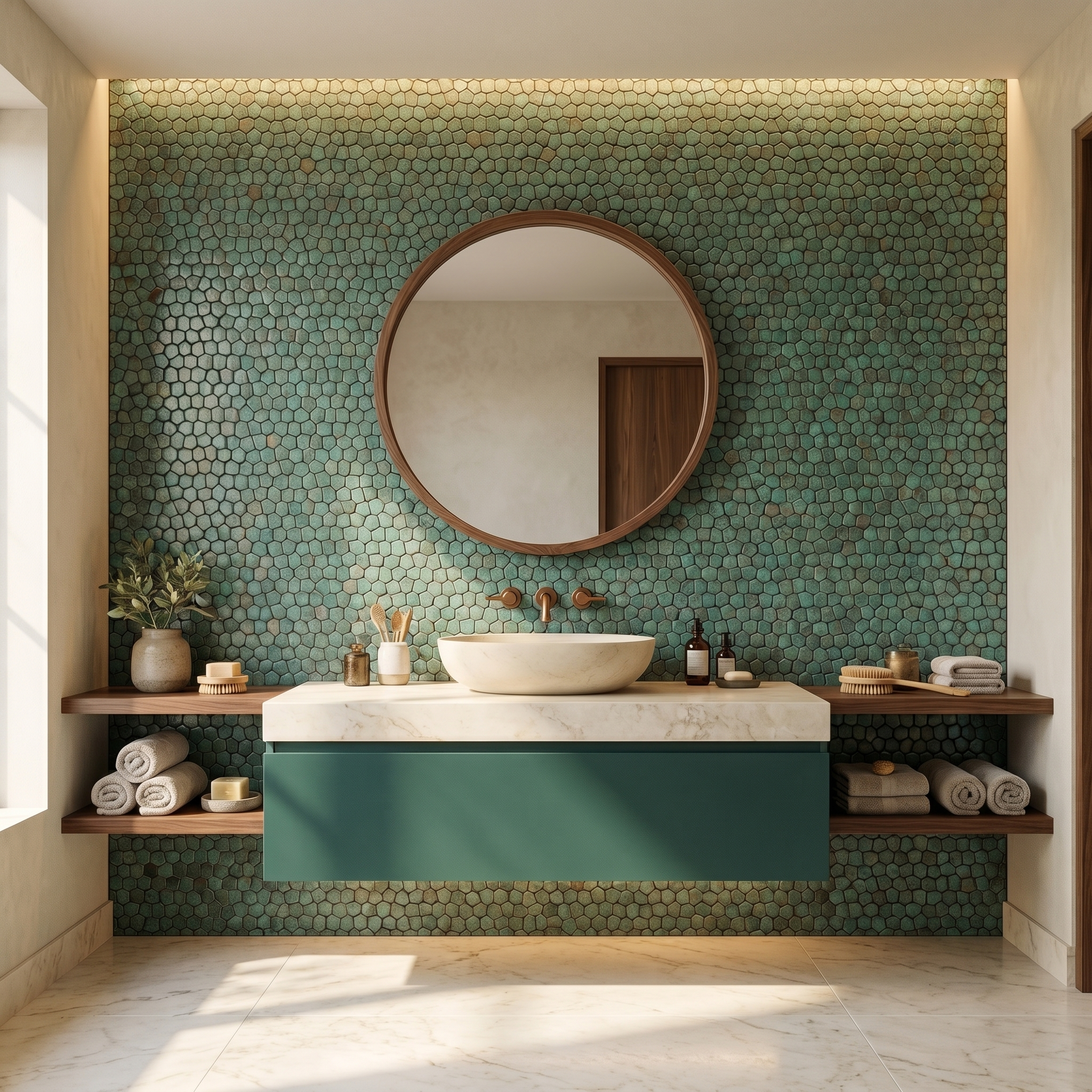 Peel and Stick Backsplash | Pentagon 3D Patina Copper | 11.1×11.1"