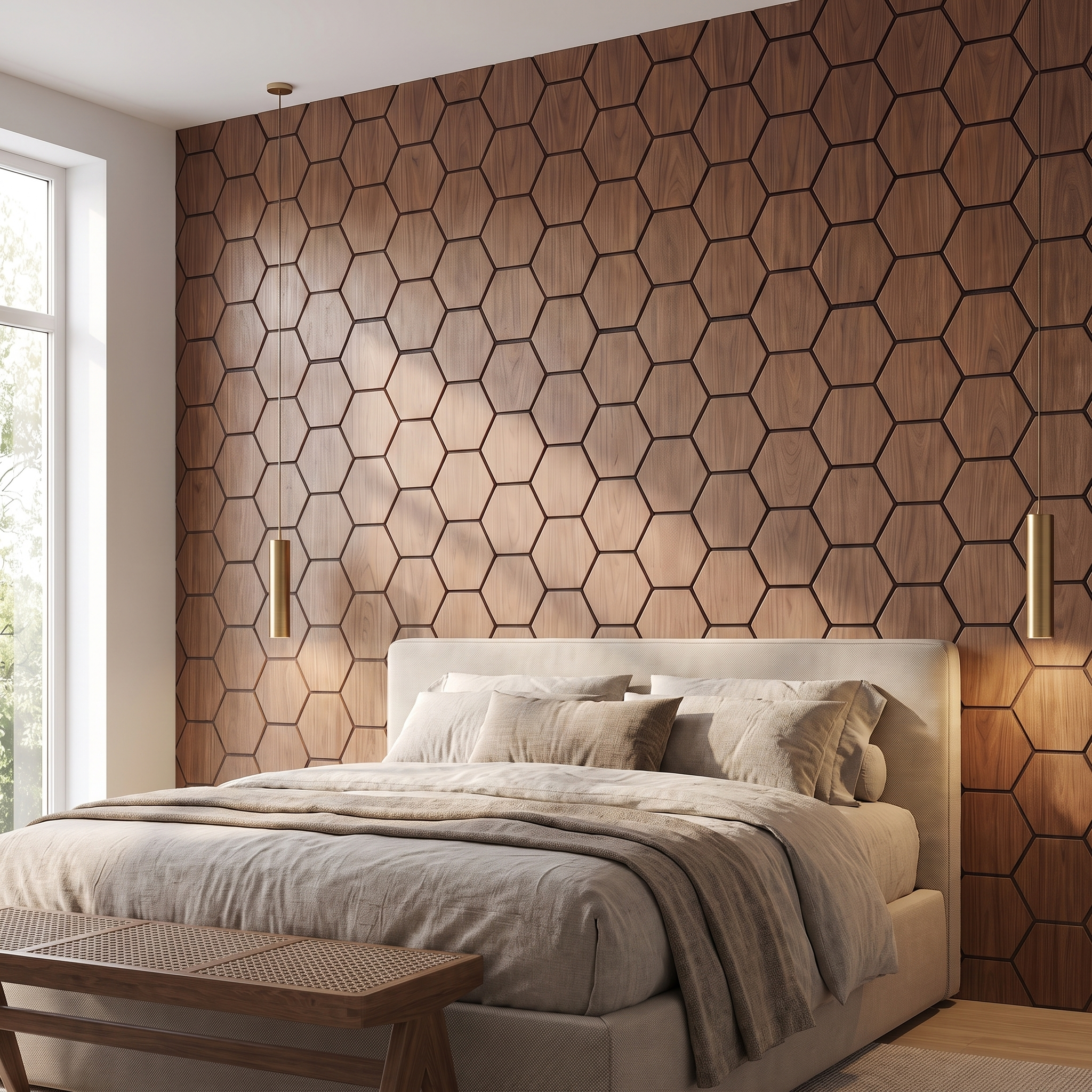 Hexagon walnut wall panel behind the bed in a bedroom
