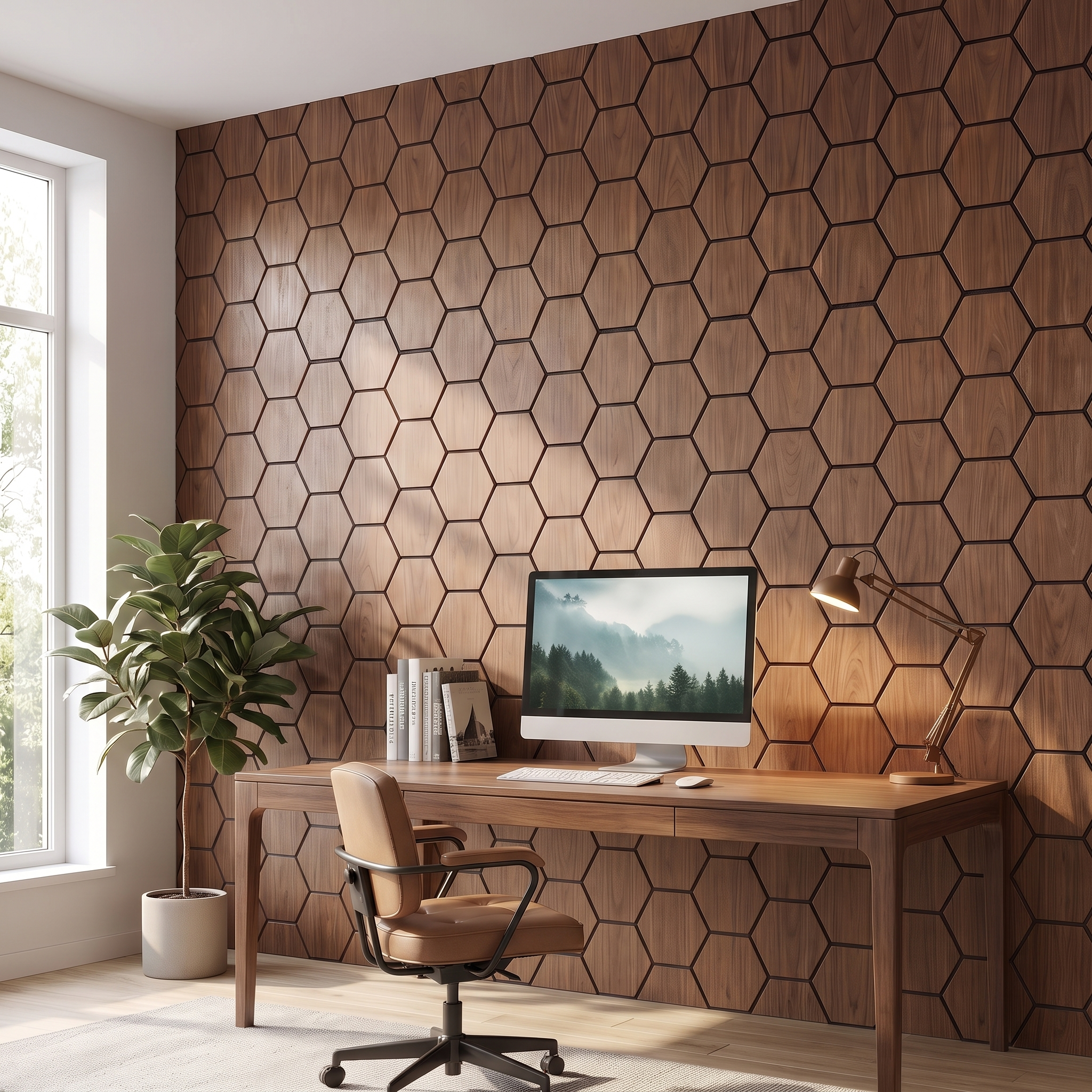 Hexagon walnut wall panel in a home office