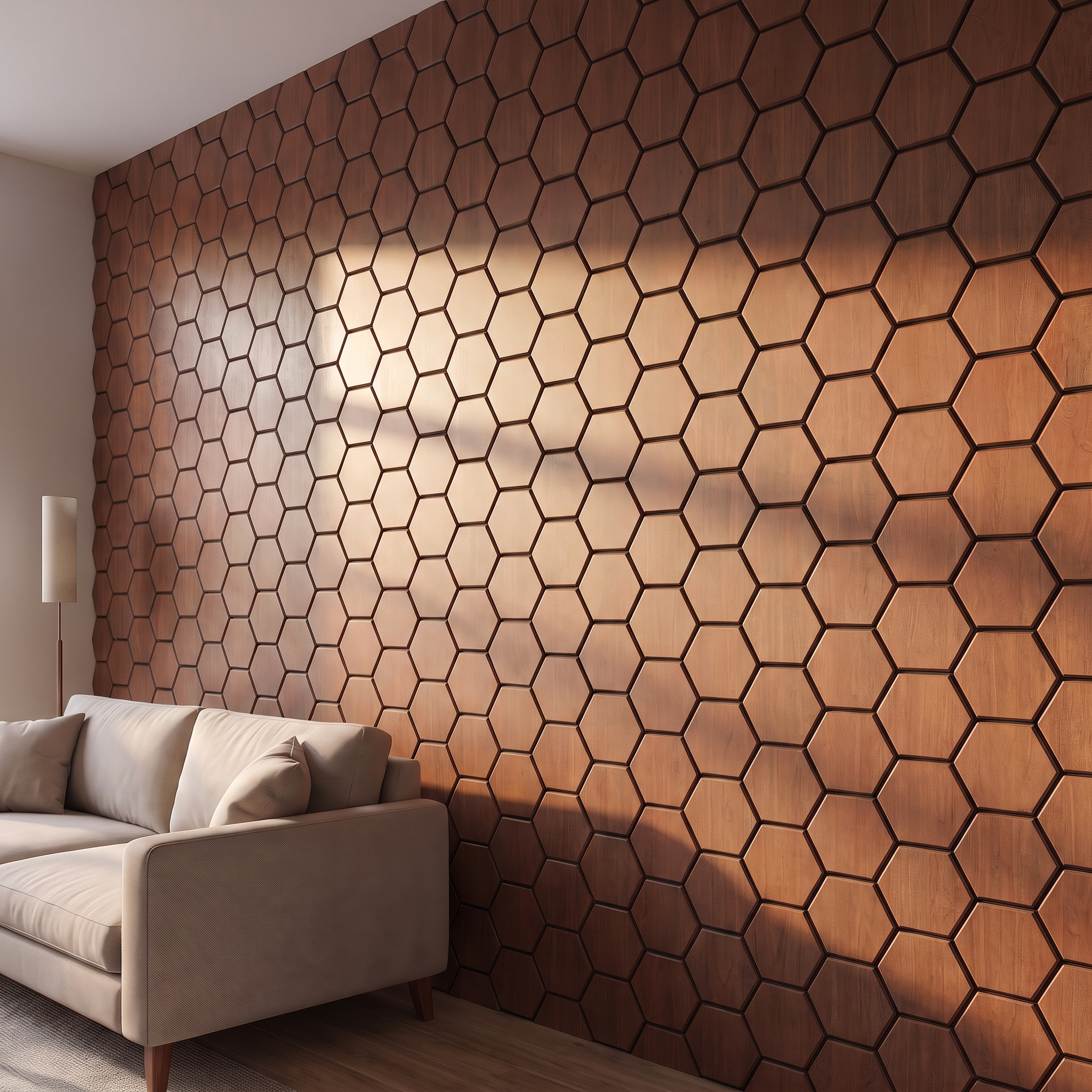 Hexagon smoked oak wall panel side view showing 3D depth