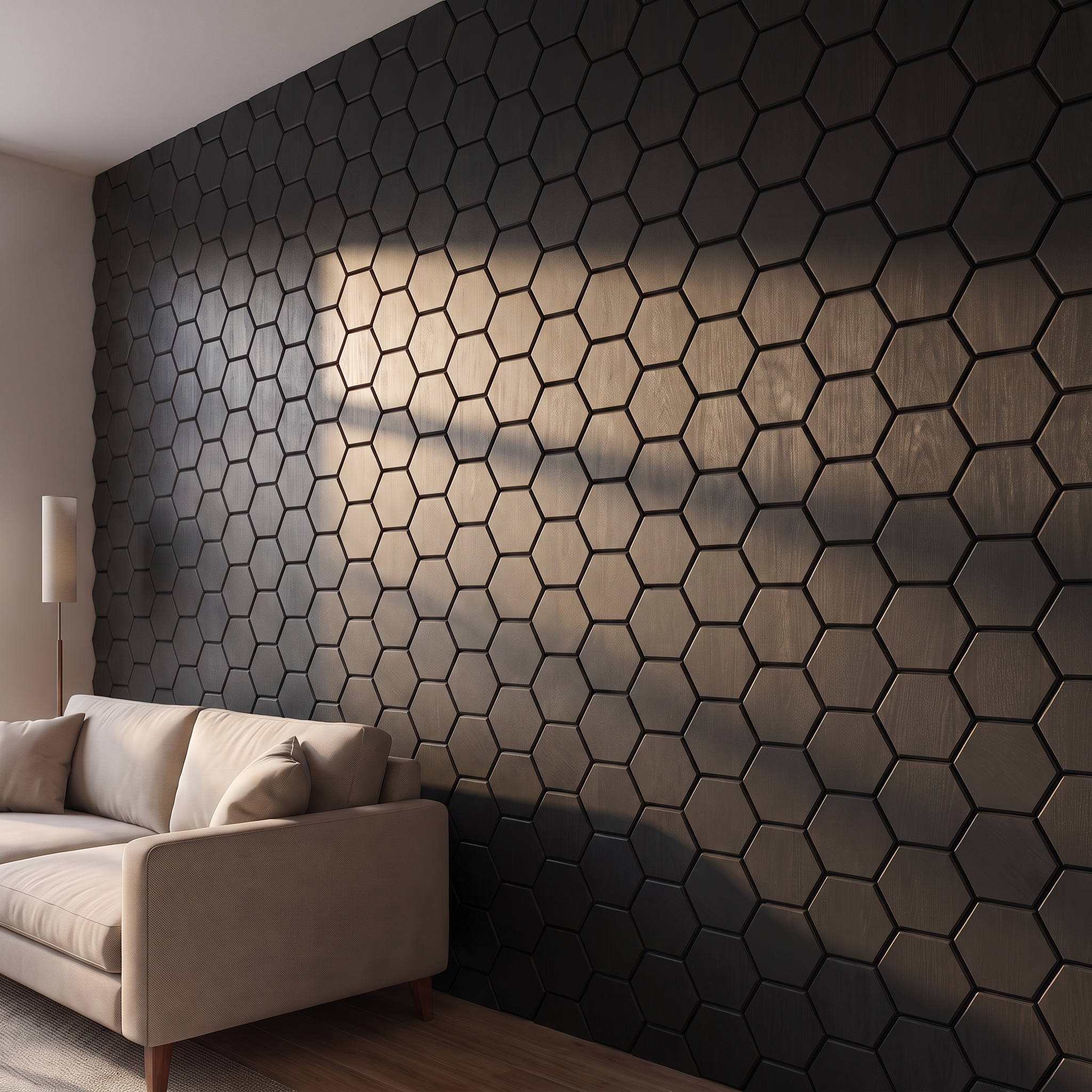 Hexagon black acoustic wall panel side view showing 3D depth