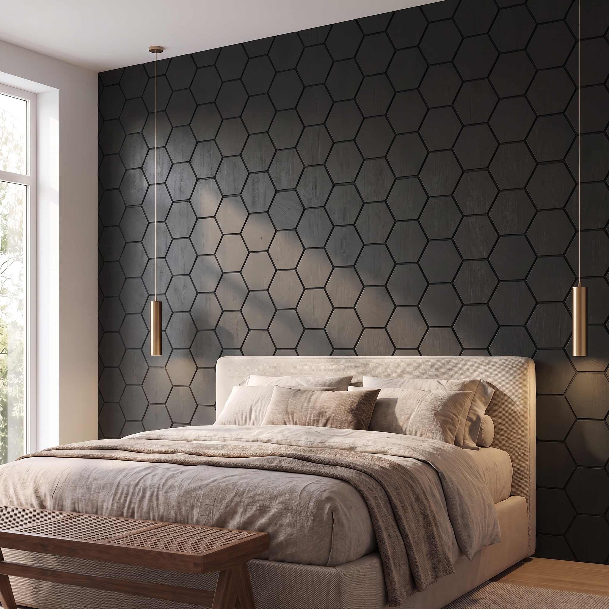 Hexagon black wall panel behind the bed in a bedroom