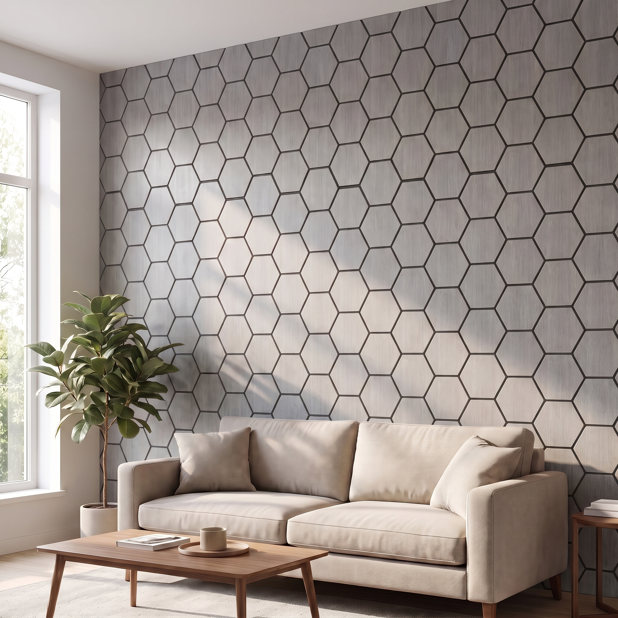 Hexagon gray walnut acoustic wall panel in a living room