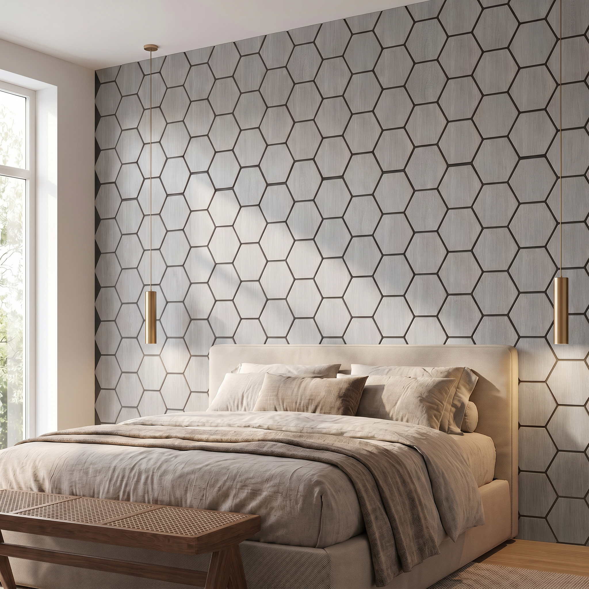 Hexagon gray walnut wall panel behind the bed in a bedroom