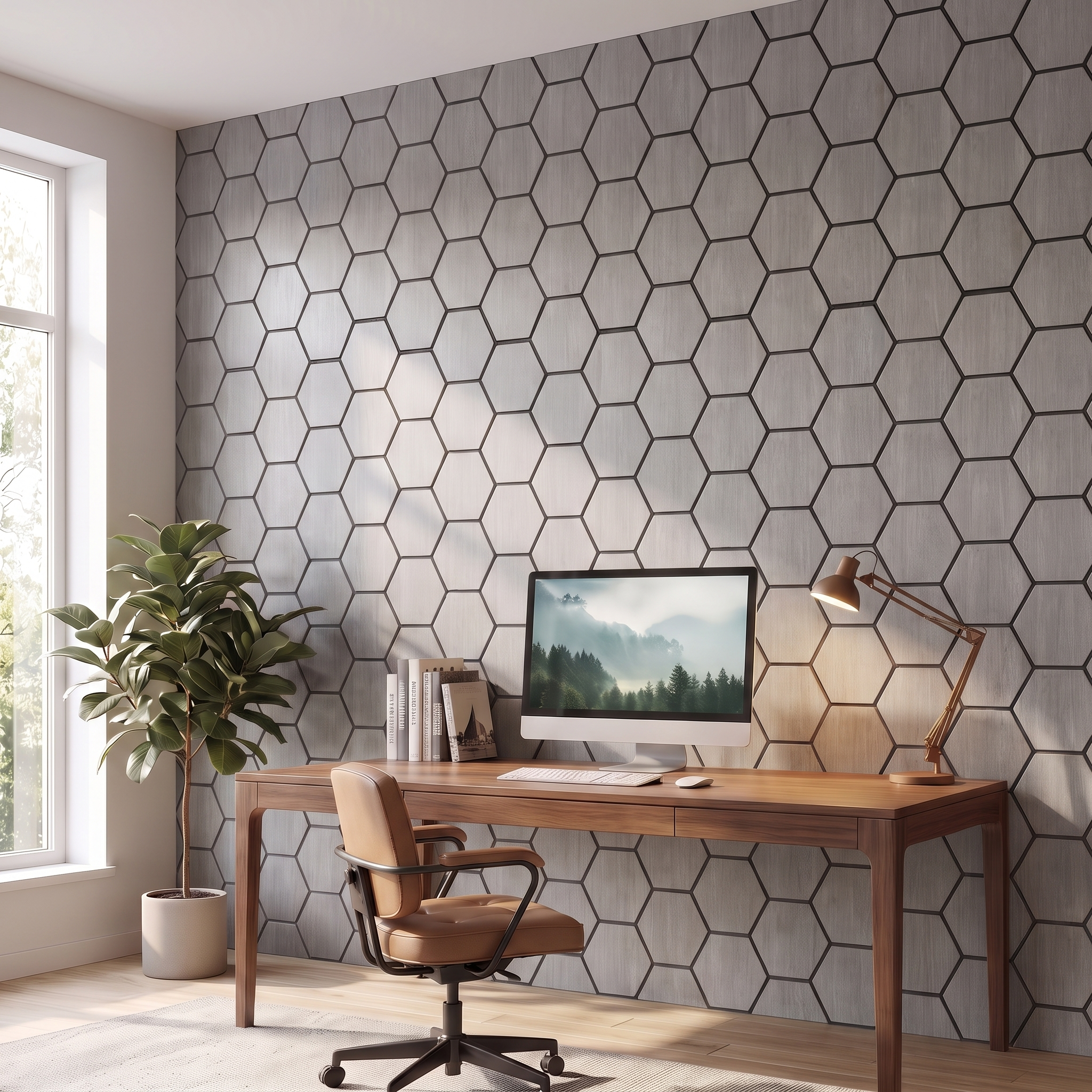 Hexagon gray walnut wall panel in a home office