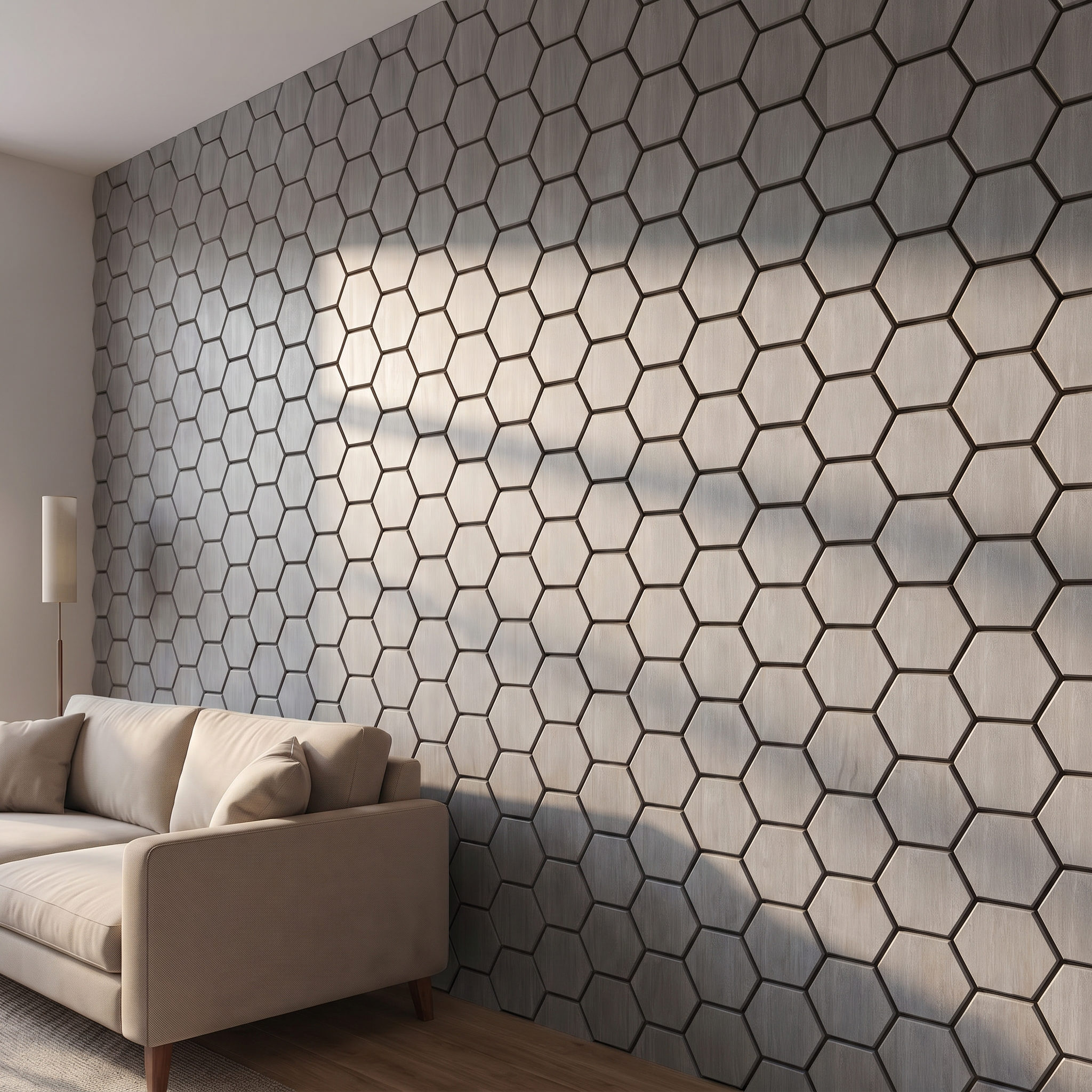 Hexagon gray walnut wall panel side view showing 3D depth