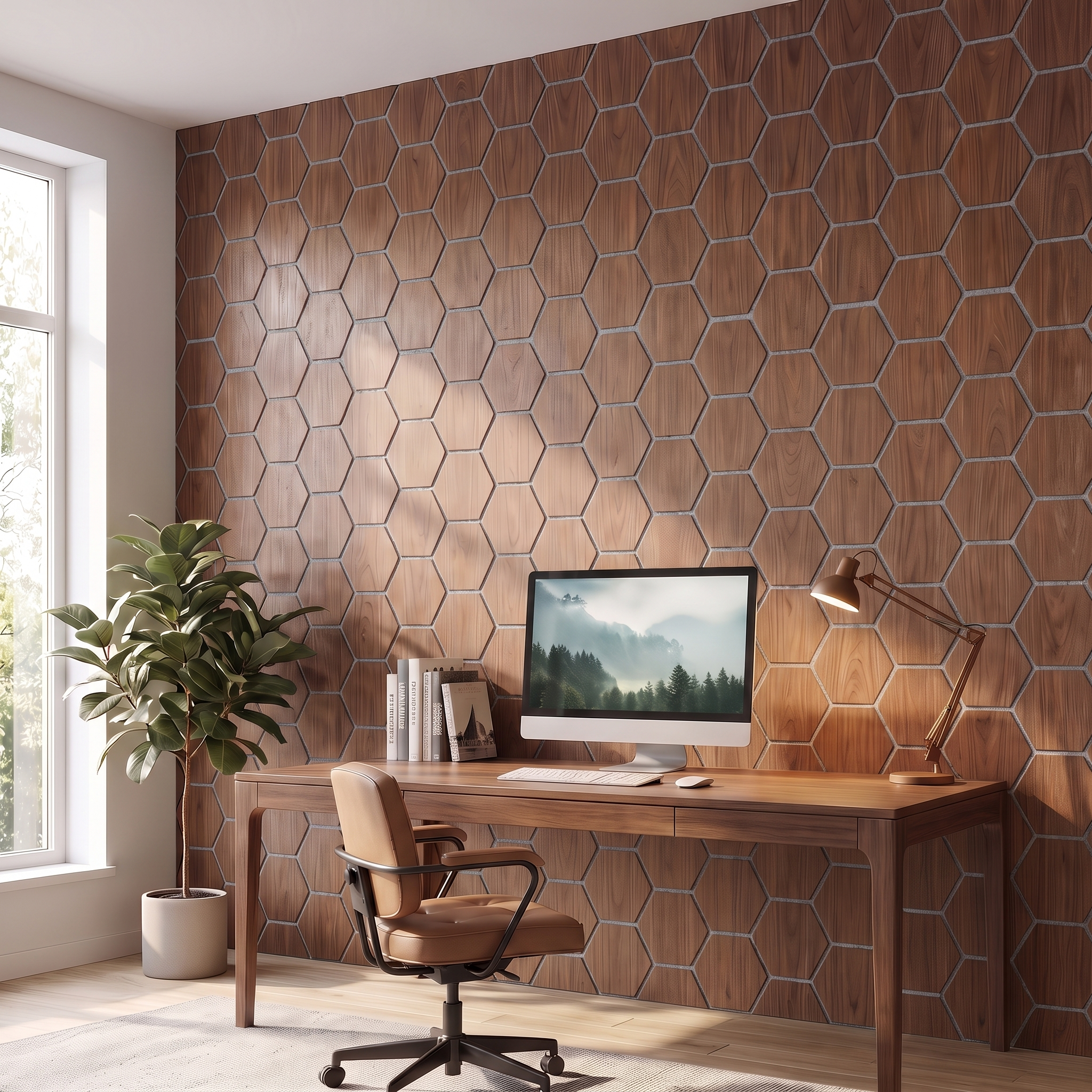 Hexagon walnut with gray felt wall panel in a home office