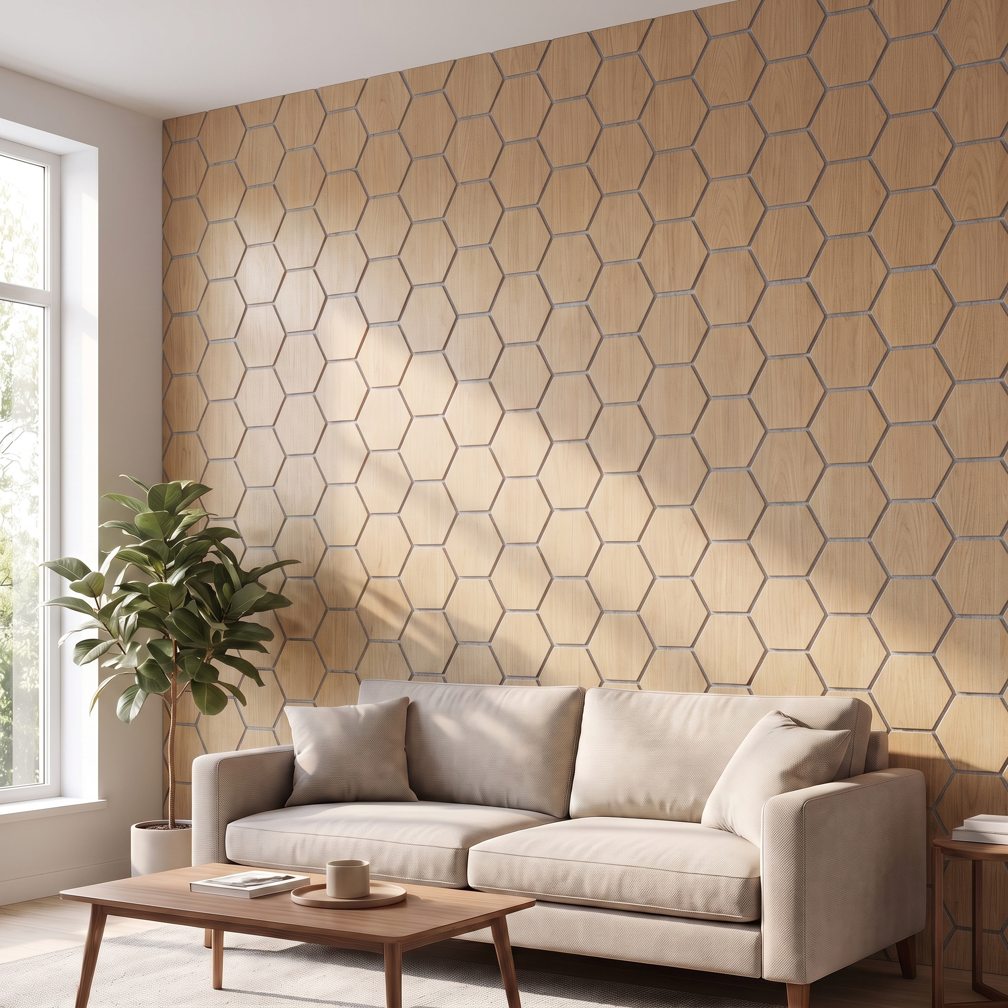 Hexagon natural oak with gray felt wall panel in a living room