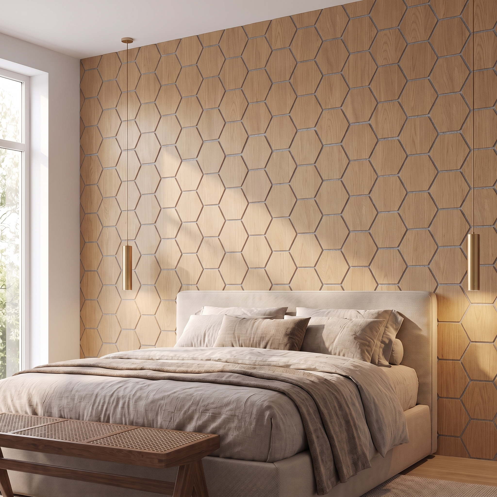 Hexagon natural oak with gray felt wall panel behind the bed in a bedroom