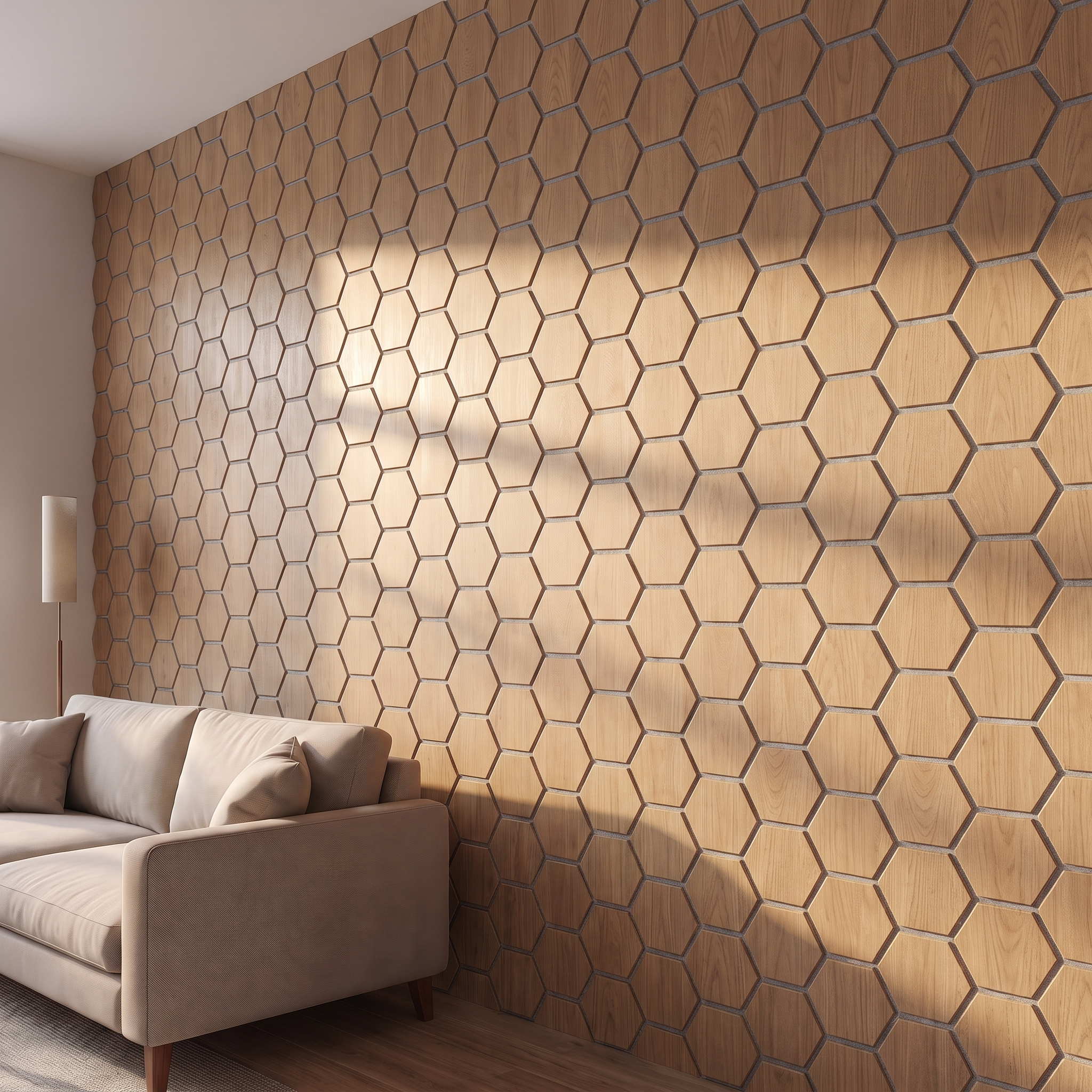 Hexagon natural oak with gray felt wall panel side view