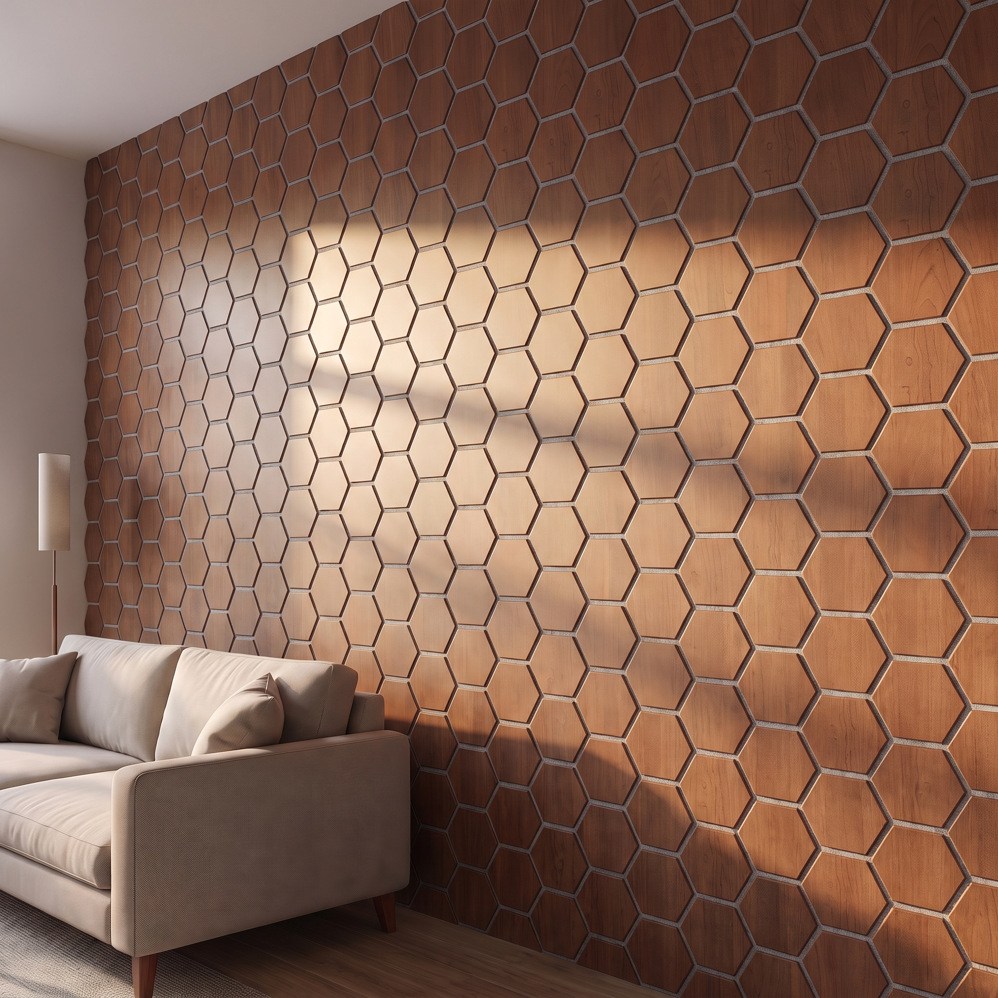 Hexagon smoked oak with gray felt wall panel side view