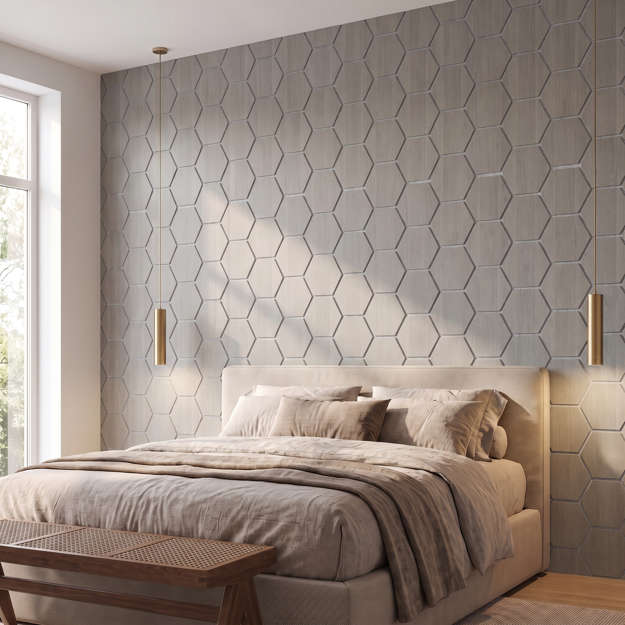 Hexagon gray walnut with gray felt acoustic wall panel behind the bed in a bedroom